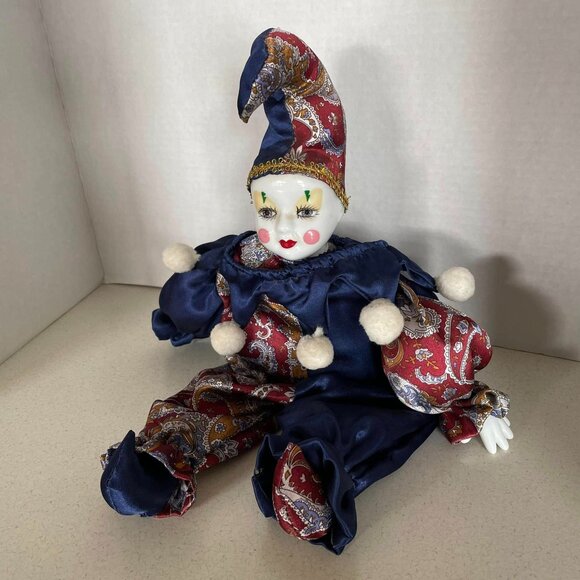 VTG Y2K Porcelain Pierrot Jester Shelf Sitter Mardi Gras Doll - Picture 2 of 12
